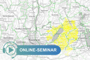 Karte von Rosenheim mit eingezeichneten gelben Gebieten. Online Seminar Schriftzug
