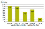 Balkendiagramm zur Größenklasse der Betriebe: 838 Betriebe bewirtschaften bis zu 10 Hektar, 200 Betriebe mehr als 50 Hektar.