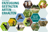 Wabenförmig angeordnete Bilder und Schriftzug "Produktion gestalten, Arten erhalten"